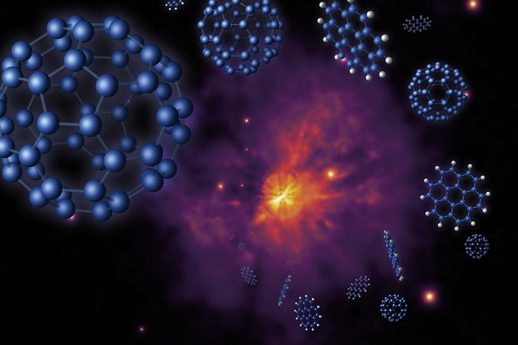 Artist's concept of buckyballs and polycyclic aromatic hydrocarbons around an R Coronae Borealis star rich in hydrogen. Credit: MultiMedia Service (IAC)