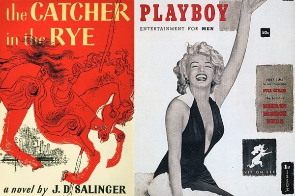 Cover of the book The Catcher in the Rye written by J. D. Salinger.  (left) The front cover of the first issue of Playboy, December 1953 (right)