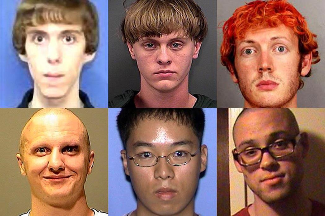 Adam Lanza, Dylann Roof, James Eagan Holmes, Jared Lee Loughner, and Seung-Hui Cho, via Wikimedia Commons. Chris Harper Mercer via MySpace.