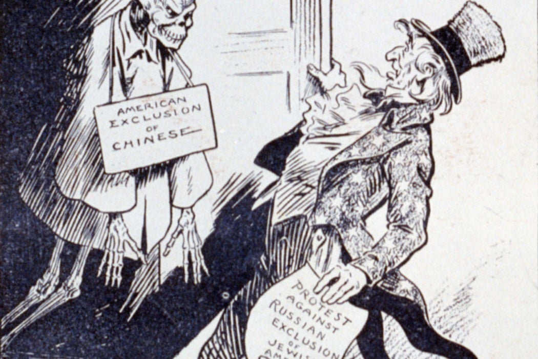 Uncle Sam holding paper "Protest against Russian exclusion of Jewish Americans" and looking in shock at Chinese skeleton labeled "American exclusion of Chinese" in closet.