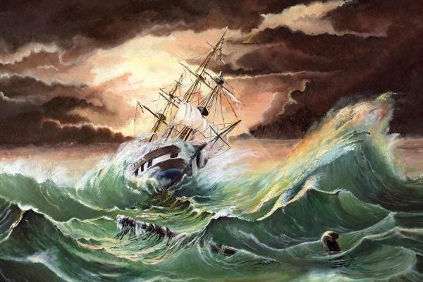A ship stuck in a storm.