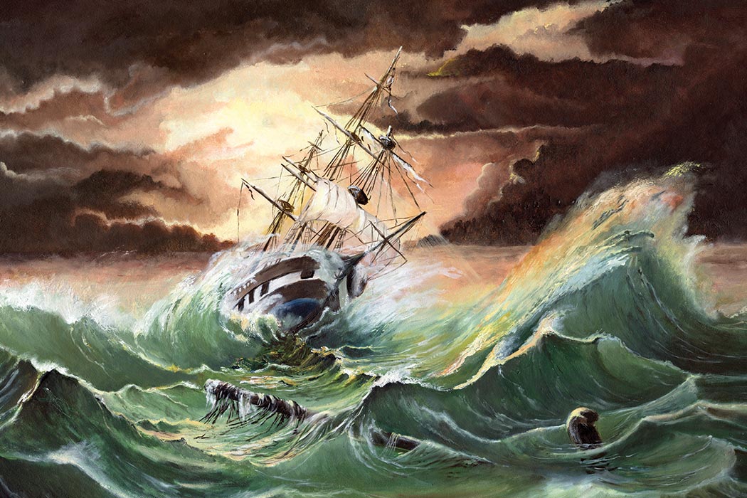 A ship stuck in a storm.