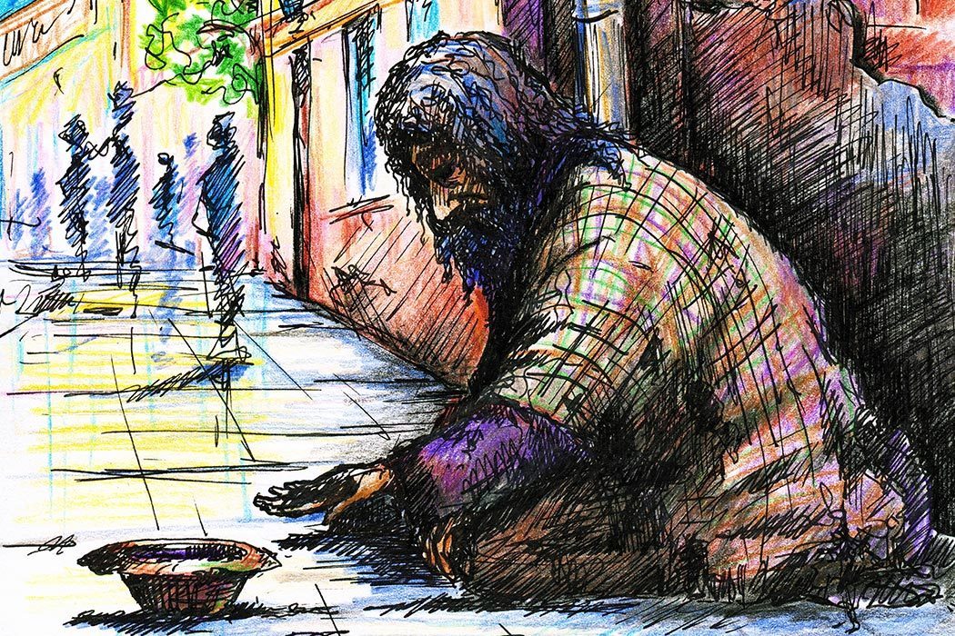 Illustration of a homeless man.