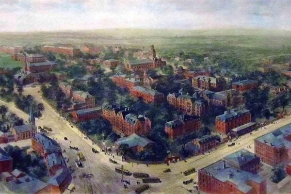 Richard Rummell's iconic landscape watercolor view of Harvard University, 1906.