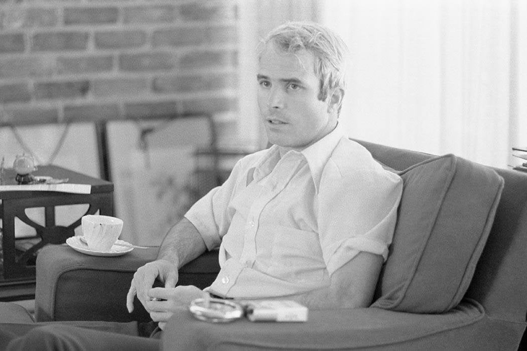 McCain giving an interview to the press on April 24, 1973, after his return from Vietnam. Photo by US News and World Report.
