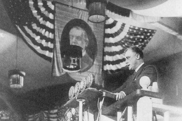 FDR delivers the nominating speech for Alfred E. Smith at the Democratic Convention at Madison Square Garden, New York, NY. June 26, 1924. This speech is often considered FDR's first major gesture of re-entry into national politics after recovering from the onset of polio.