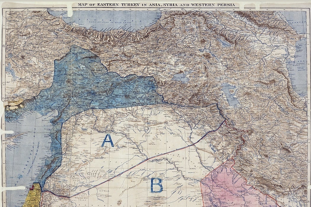 The Map That Created The Modern Middle East JSTOR Daily   Sykes Picot Agreement Map 1050x700 