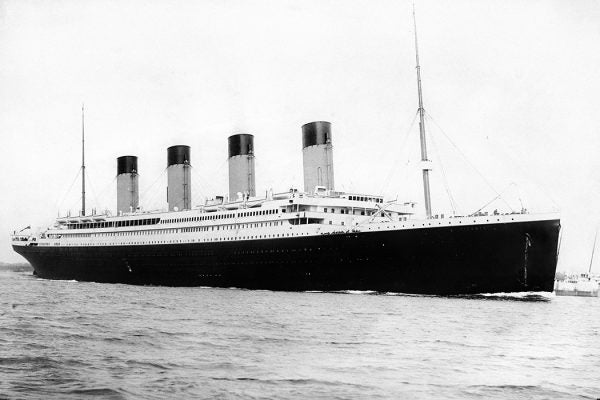The Titanic at sail in black and white
