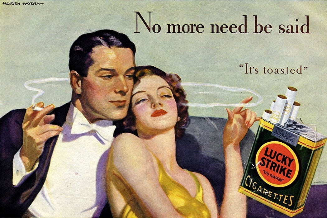 Advertisement for Lucky Strike Cigarettes with a well-dressed smoking couple