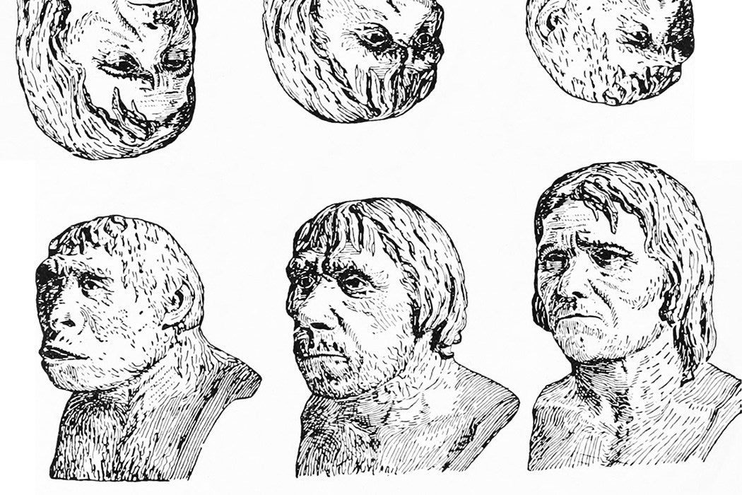 Black and white drawings of Neanderthals and other early men
