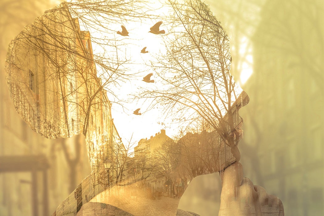 Double exposure image of woman, imagination concept