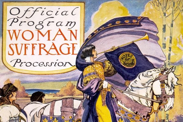 Official program - Woman suffrage procession, Washington, D.C. March 3, 1913. Cover of program for the National American Women's Suffrage Association procession, showing woman, in elaborate attire, with cape, blowing long horn, from which is draped a "votes for women" banner, on decorated horse, with U.S. Capitol in background.