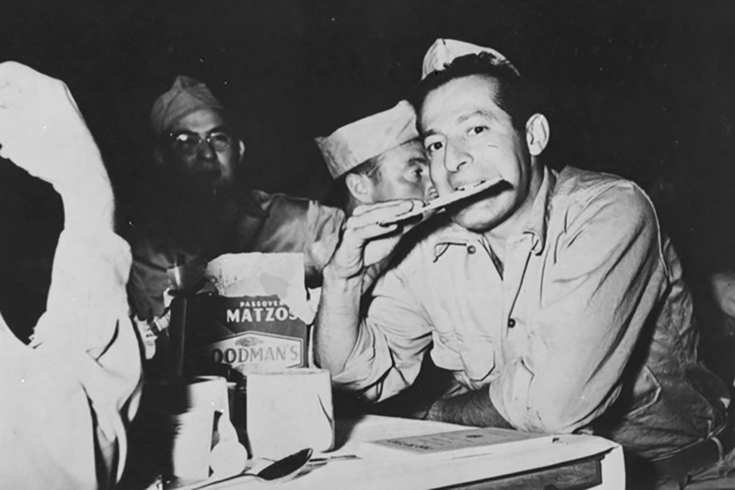 Soldier eating matzo, 1940s