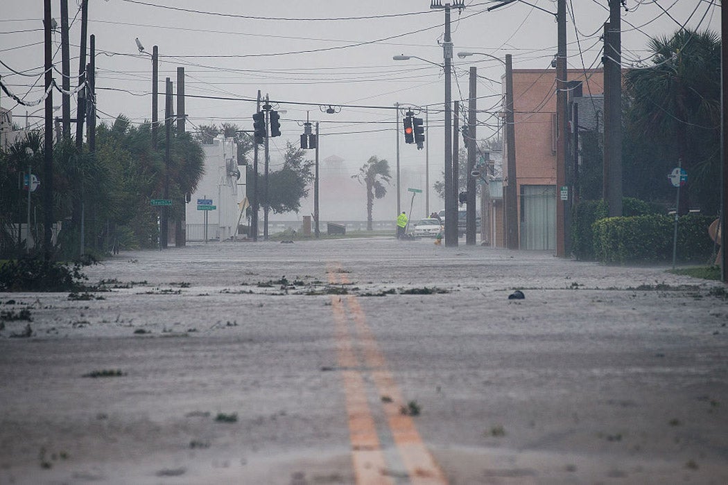 Water covers a road leading toward the Halifax River and Daytona Beach after Hurricane Matthew passes through on October 7, 2016 in Daytona Beach, Florida.