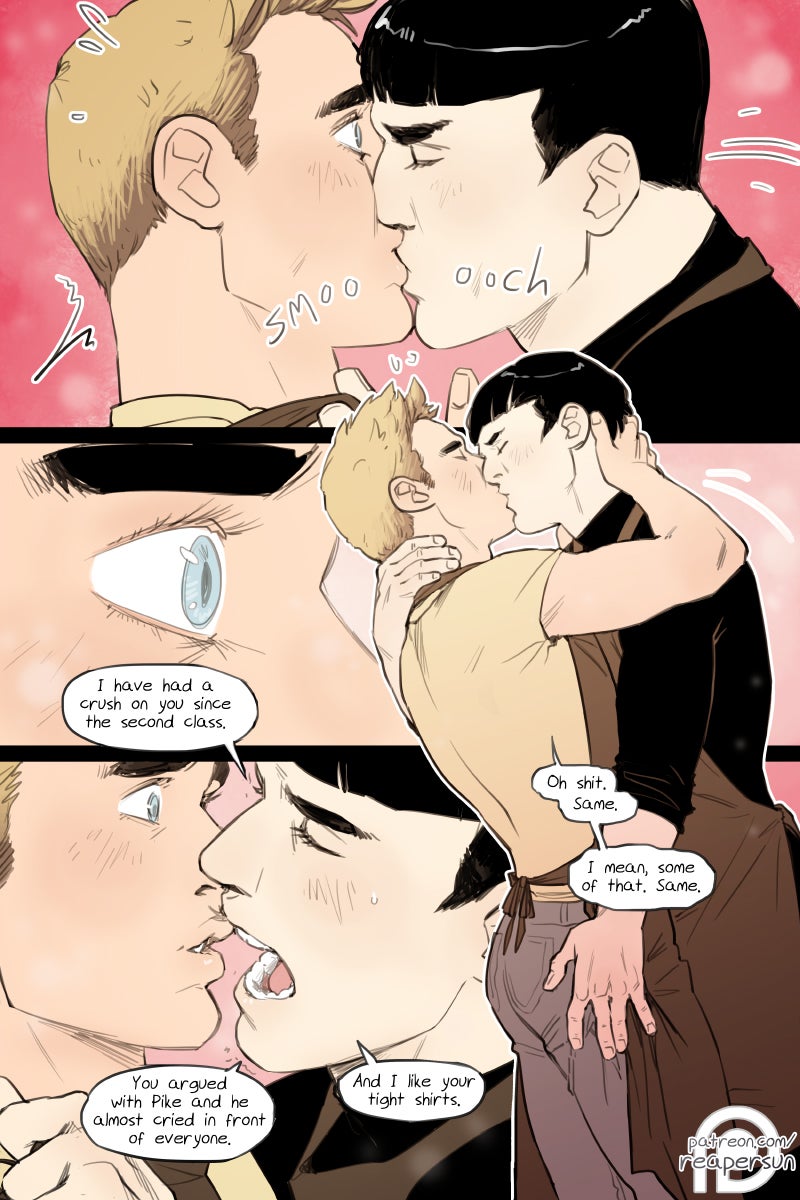 3-panel comic shows Kirk and Spock confessing their mutual crush and making out.