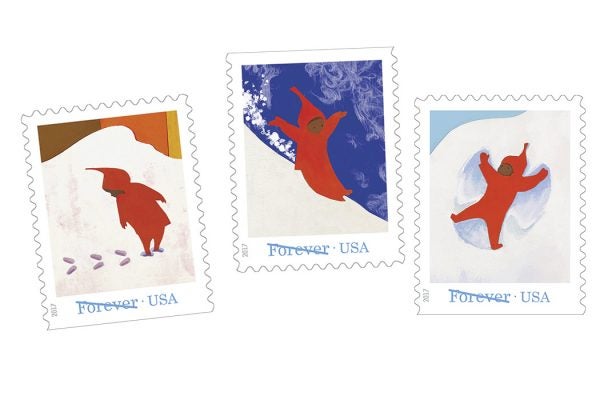 USPS Forever stamps featuring illustrations from Ezra Jack Keats' book "Snowy Day"