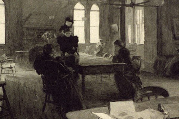 women in a reading room at Smith College in 1898