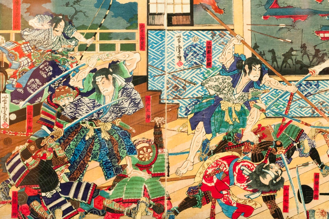 Samurai battle on old vintage Japanese screen