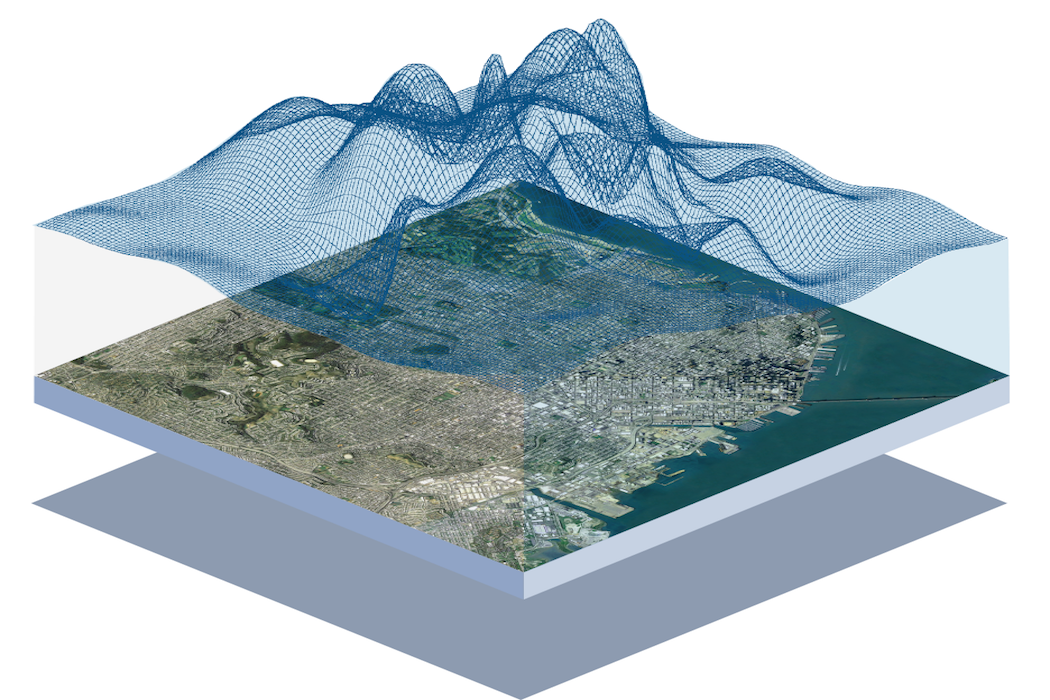 Graphic of computer rendered waves above an aerial map of a city