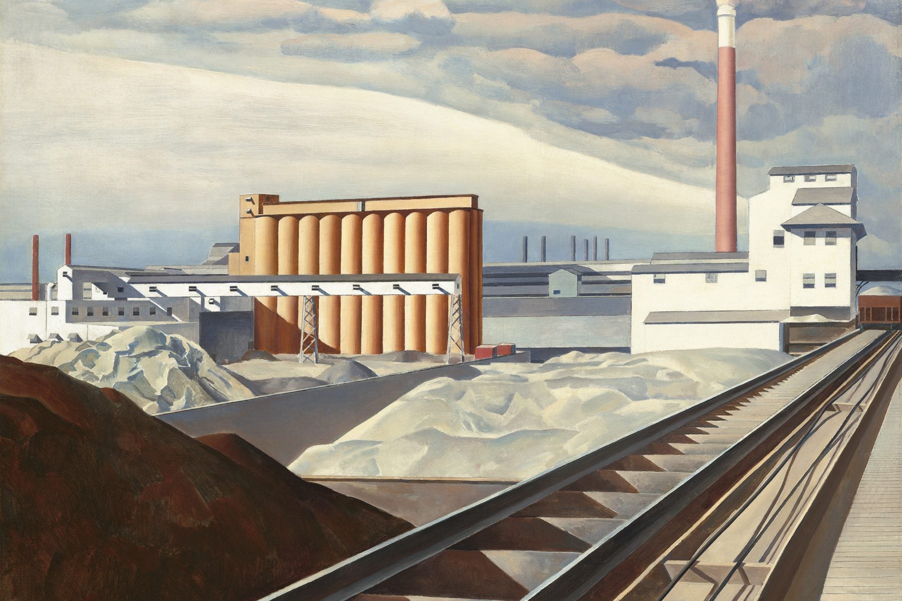A modern painting depicting a thin railway and other industrial markers
