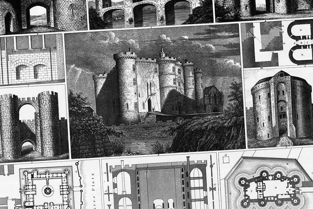 Engraved Illustrations of Various Castles and Fortified Structures