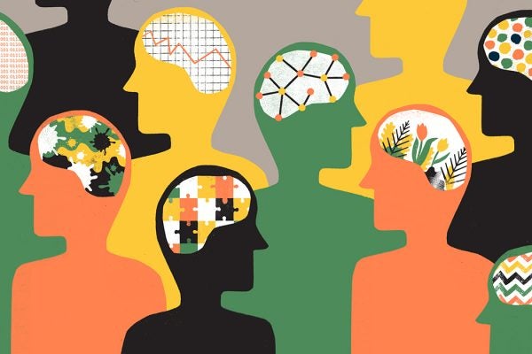 a group of silhouettes with different brain patterns including puzzle pieces, flowers, a stock market chart