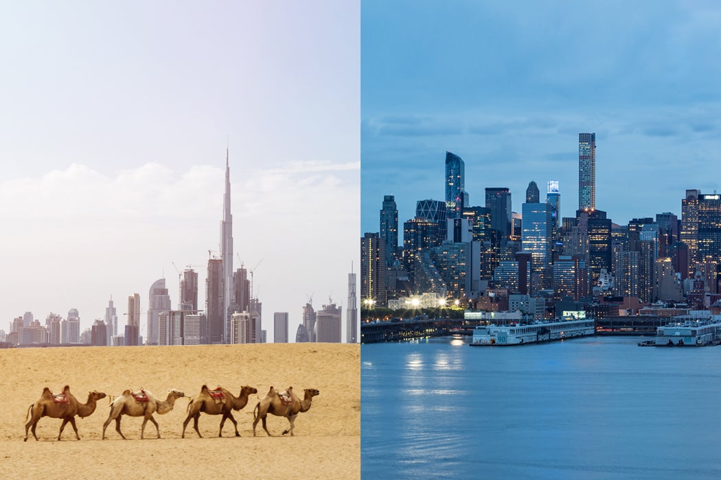 Side-by-side image of Dubai and Manhattan