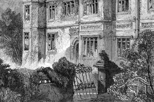 Vintage engraving from 1876 of a old victorian haunted house.