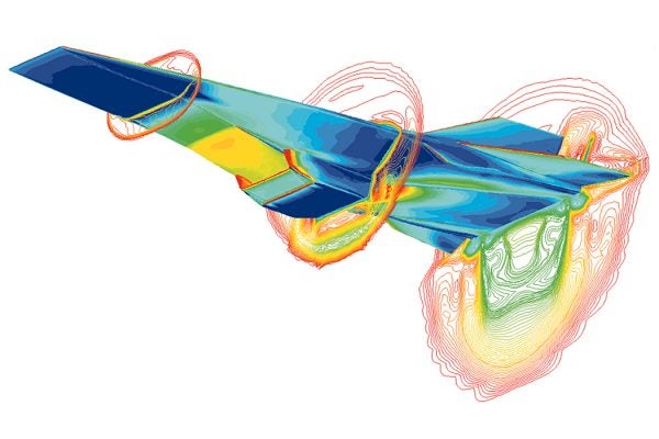 Computational fluid dynamics image of an experimental unmanned hypersonic aircraft