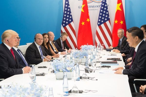 U.S. President Donald Trump (left) and Chinese President Xi Jinping (right) meet in Hamburg, Germany in July 2017.