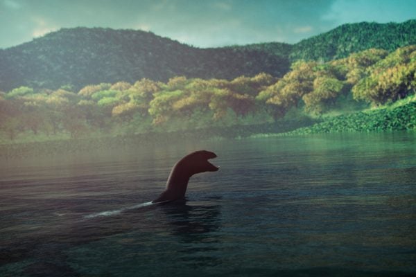 The Loch Ness Monster swimming in the lake