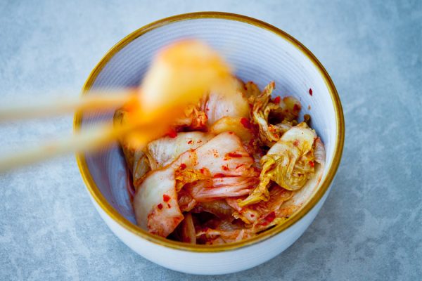 A bowl of kimchi, which contains probiotics