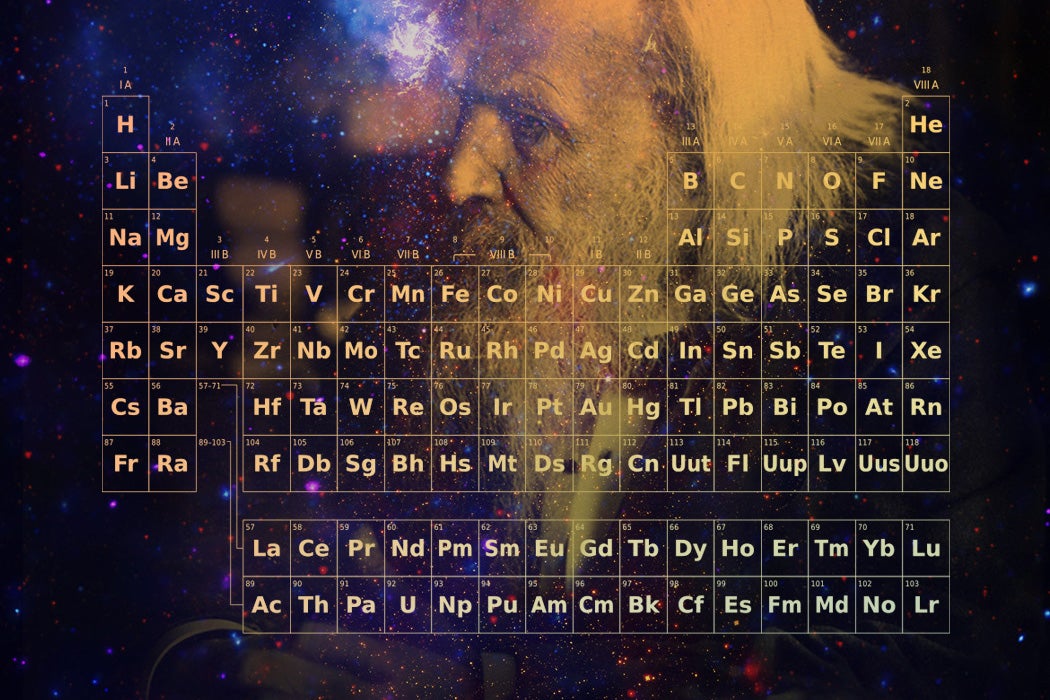 Composite image of Dmitri Mendeleev, a periodic table, and the Milky Way galaxy