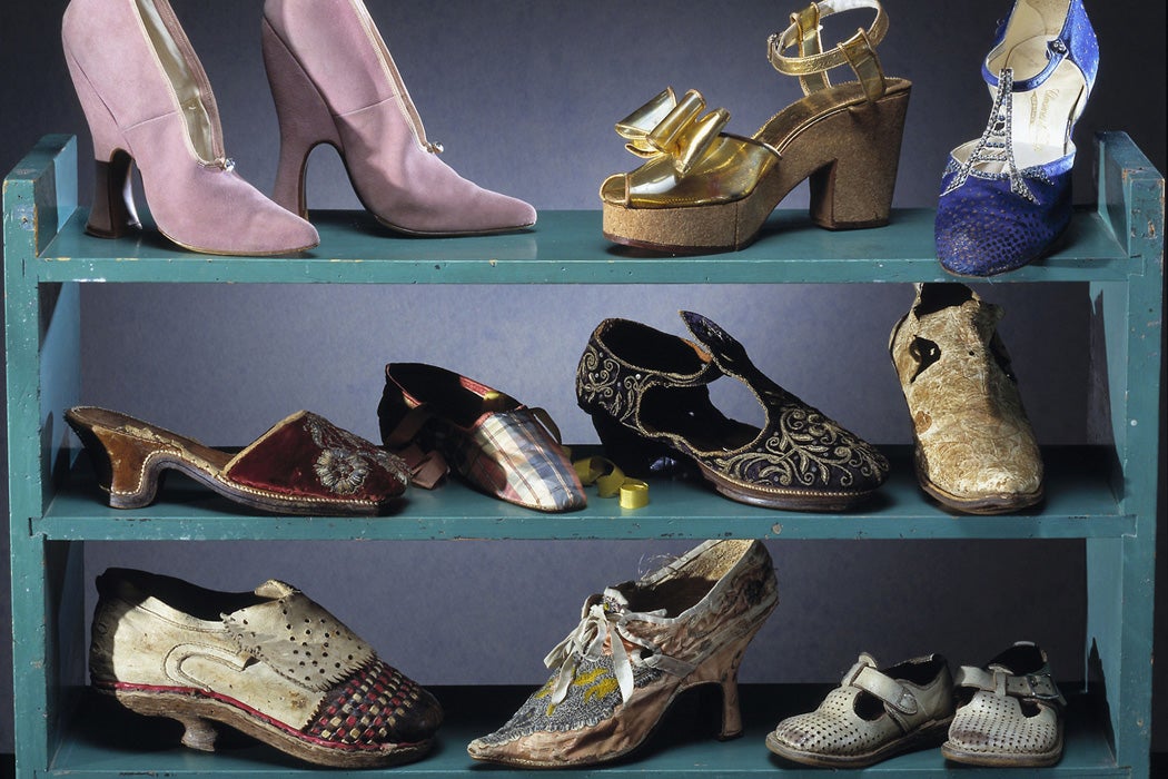 A rack of shoes from different eras