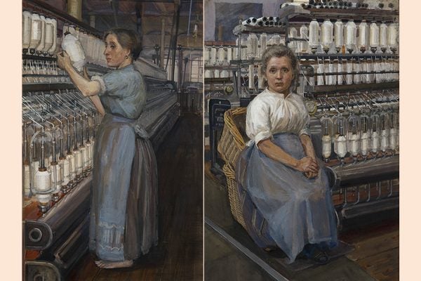 In a Glasgow Cotton Mill: Minding a Pair of Fine Frames and In a Glasgow Cotton Spinning Mill: Changing the Bobbin, 1907 by Sylvia Pankhurst
