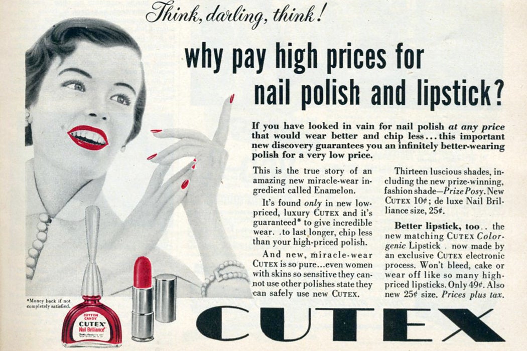 An ad for Cutex nail polish and lipstick from 1950