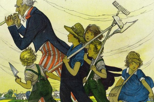 Poster shows Uncle Sam playing a fife, leading a group of children carrying gardening tools and a seed bag.