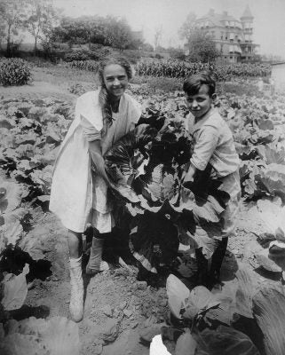 School children holding one of the large heads of cabbage raised in the War garden of Public School 88, Borough of Queens, New York City