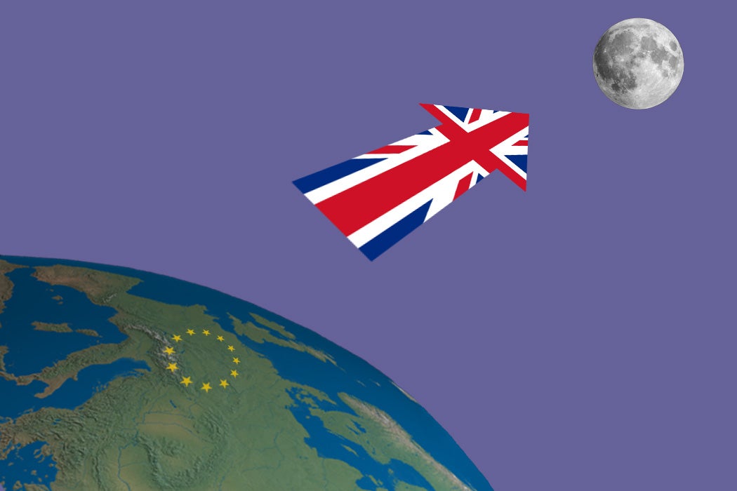 An illustration of a UK flag projected towards the moon, meant to symbolize Brexit.