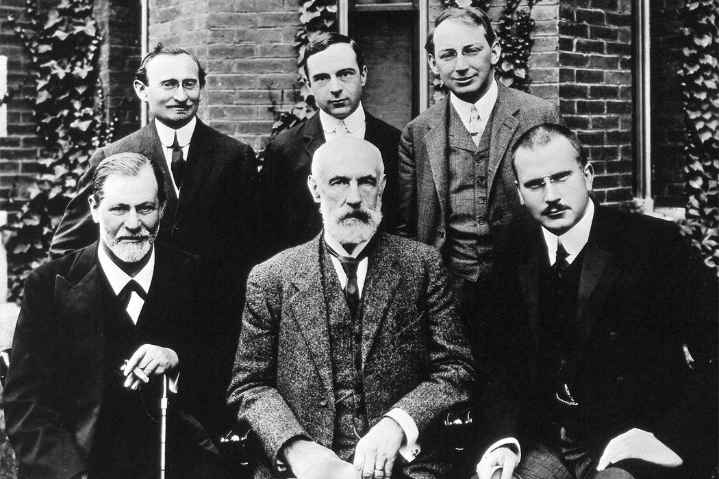 Group photo in front of Clark University: Front row: Sigmund Freud, G. Stanley Hall, C. G. Jung; Back row: Abraham A. Brill, Ernest Jones, Sándor Ferenczi.