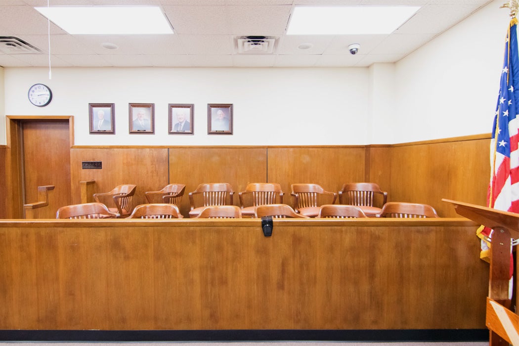 A jury box in a courtroom in Texas.