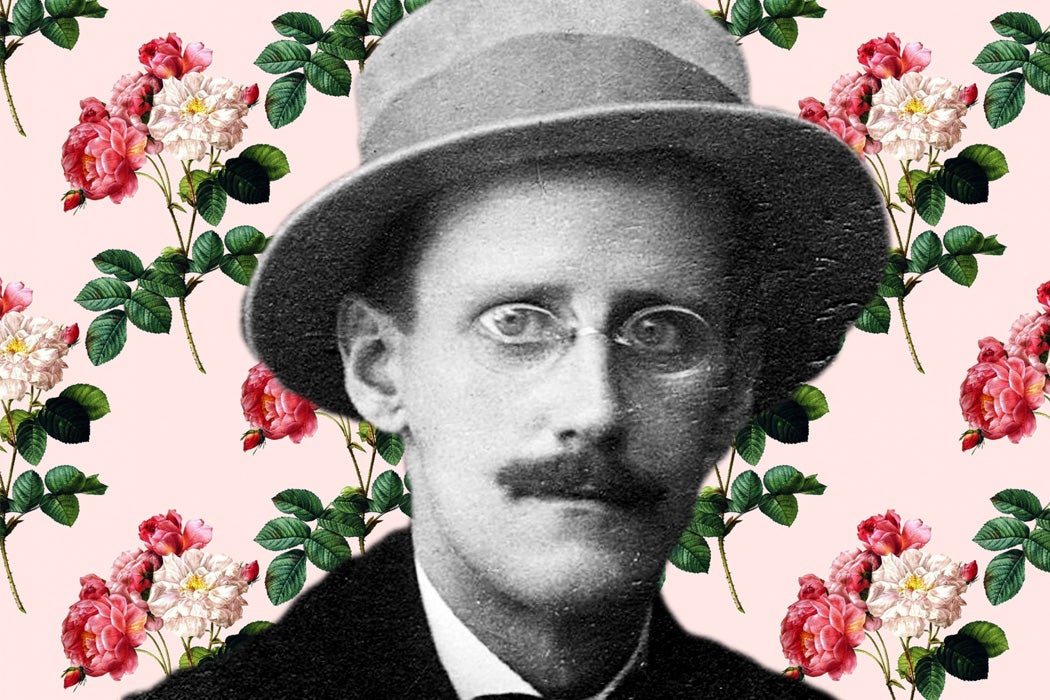 James Joyce in front of a flowery background
