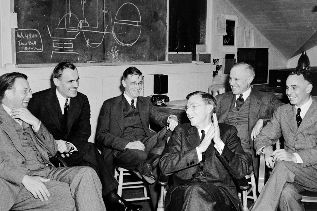 Leaders of the S-1 project, consider the feasibility of the 184-inch cyclotron at Berkeley, March 29, 1940. Left to right: E.O. Lawrence, Arthur Compton, Vannever Bush, James B. Constant, Karl Compton, Alfred Loomis.