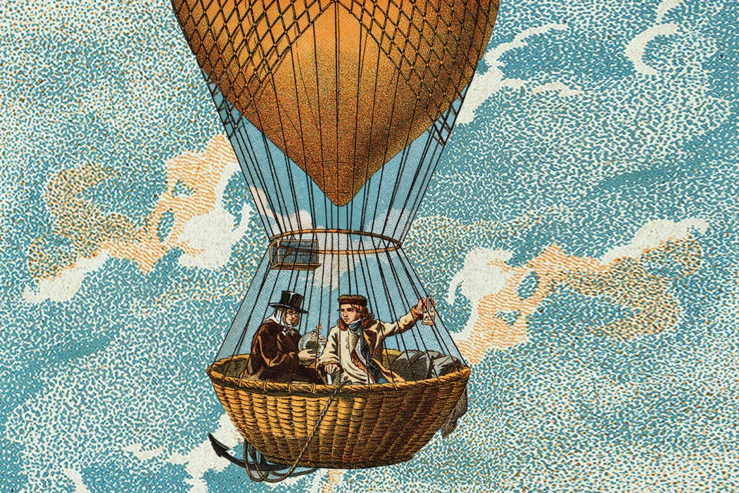 Two scientists in a hot air balloon