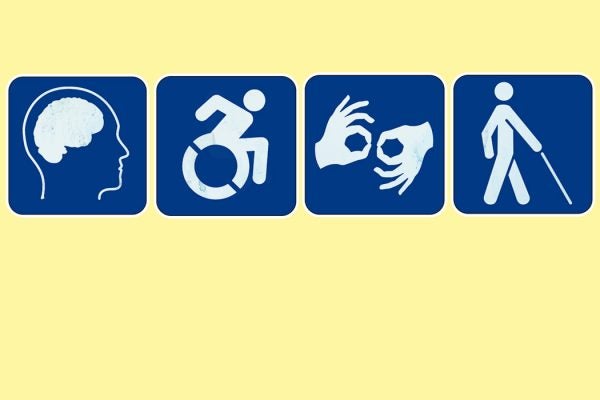 A series of four blue pictograms in front of a light yellow background. Three pictograms are disability access symbols, for wheelchair accessibility, sign language interpretation, and low vision access. The fourth pictogram is of a brain, and is meant to symbolize cognitive impairment accommodations.