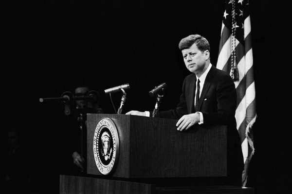 President John F. Kennedy fields a question at a press conference on April 14, 1961, in Washington, DC. This press conference took place three days before the failed 'Bay of Pigs' invasion of Cuba and just three months into Kennedy's presidency.