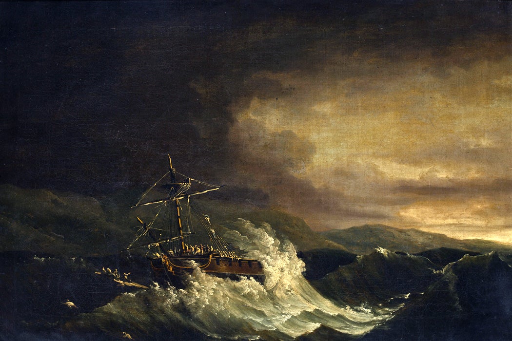 The wreck of the H.M.S. Deal Castle off Puerto Rico, in the hurricane of 1780 with the crew escaping on a raft, by John Thomas Serres