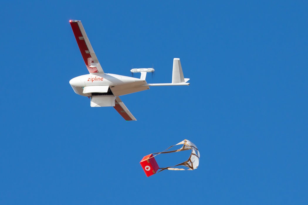 A drone delivering a package