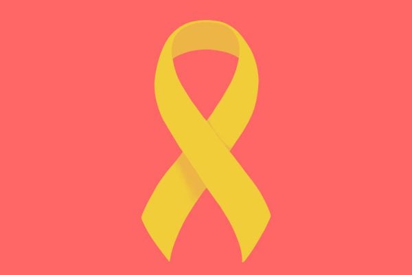 A yellow ribbon on a red background