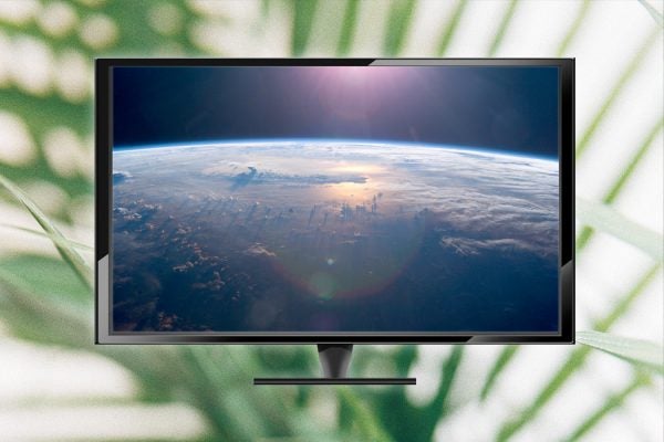 A television with an image of the earth from space, in front of a green plant background